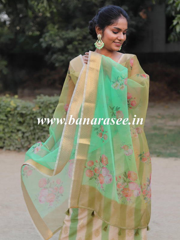 Banarasee Handwoven Chanderi Salwar Kameez Fabric With Organza Dupatta-Beige