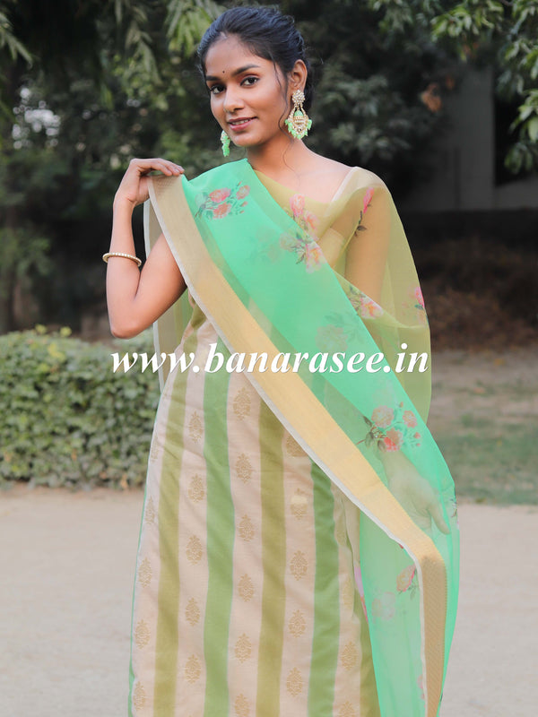 Banarasee Handwoven Chanderi Salwar Kameez Fabric With Organza Dupatta-Beige