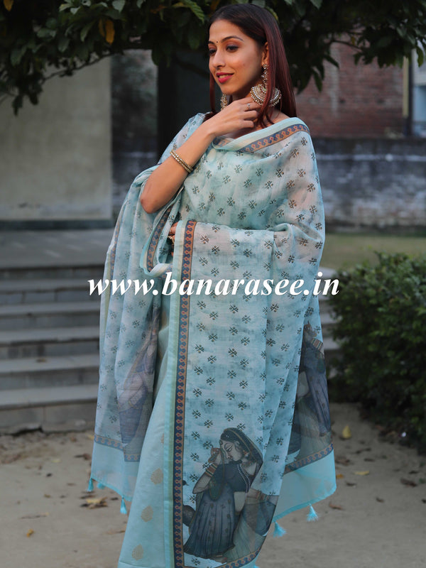 Banarasee Chanderi Silk Zari Buti Salwar Kameez Fabric With Digital Print Dupatta-Blue