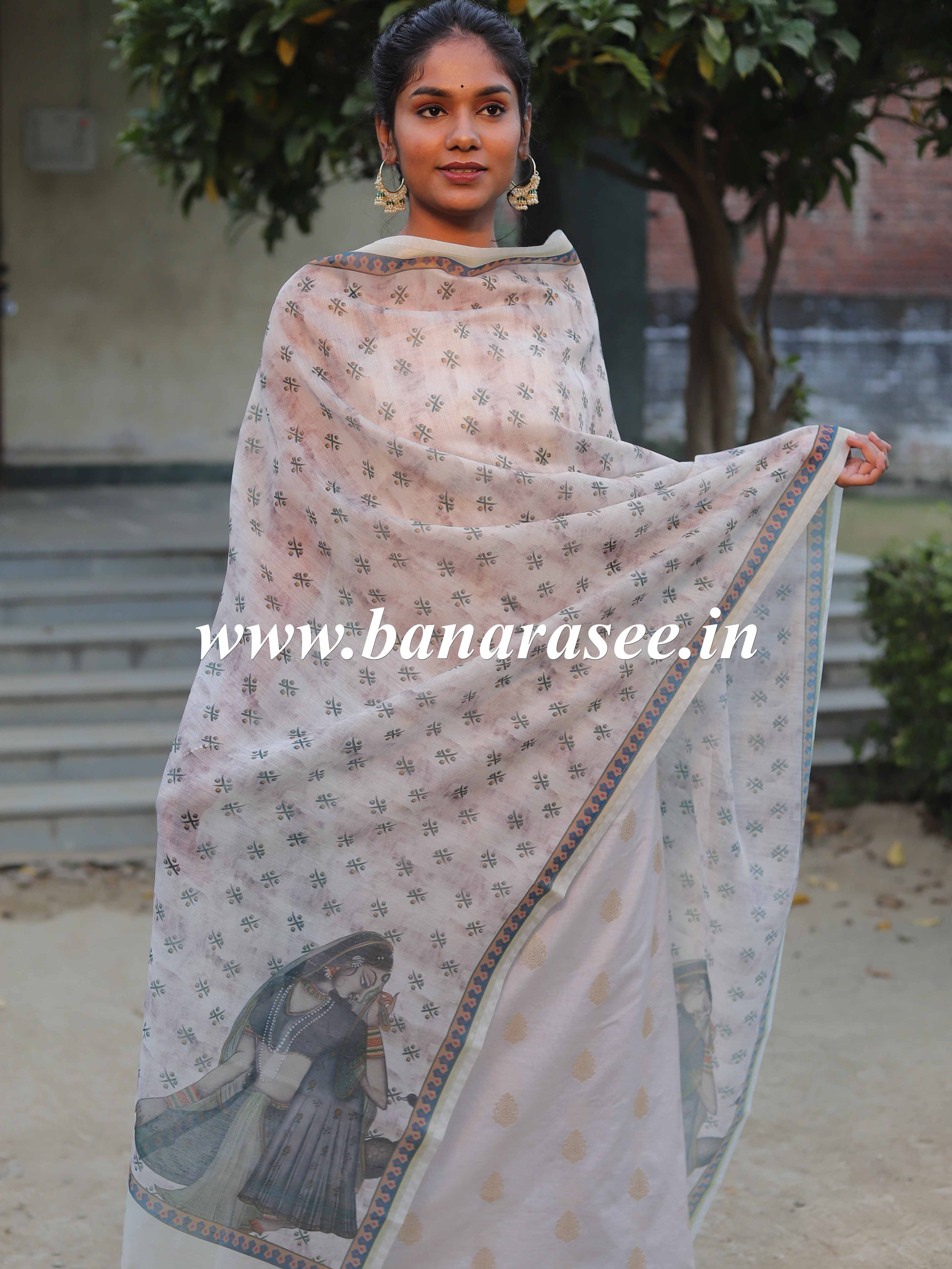 Banarasee Chanderi Silk Zari Buti Salwar Kameez Fabric With Digital Print Dupatta-Grey