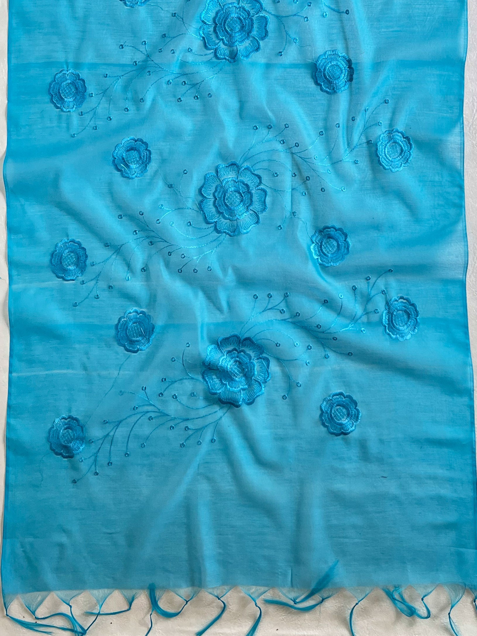 Banarasee Cotton Silk Embroidered Floral Design Dupatta-Blue