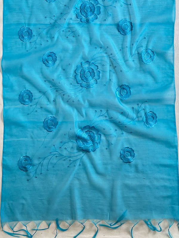 Banarasee Cotton Silk Embroidered Floral Design Dupatta-Blue