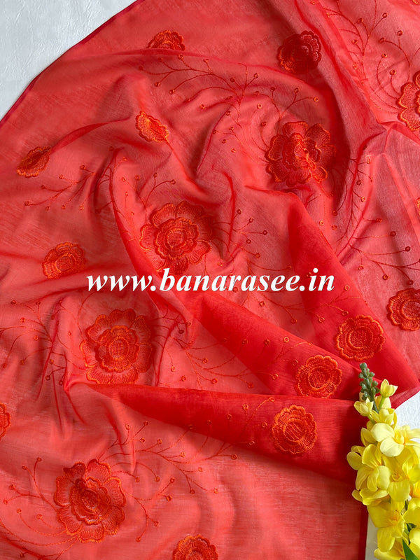 Banarasee Cotton Silk Embroidered Floral Design Dupatta-Red