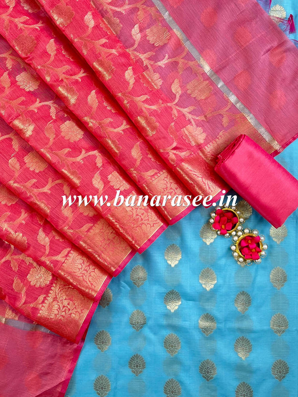 Banarasee Chanderi Cotton Buta Design Salwar Kameez Fabric With Contrast Dupatta-Pink & Blue