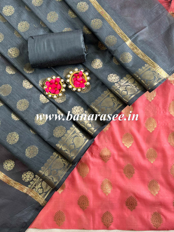 Banarasee Chanderi Cotton Buta Design Salwar Kameez Fabric With Contrast Dupatta-Pink & Grey