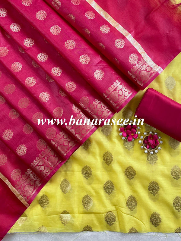 Banarasee Chanderi Cotton Buta Design Salwar Kameez Fabric With Contrast Dupatta-Yellow &  Pink