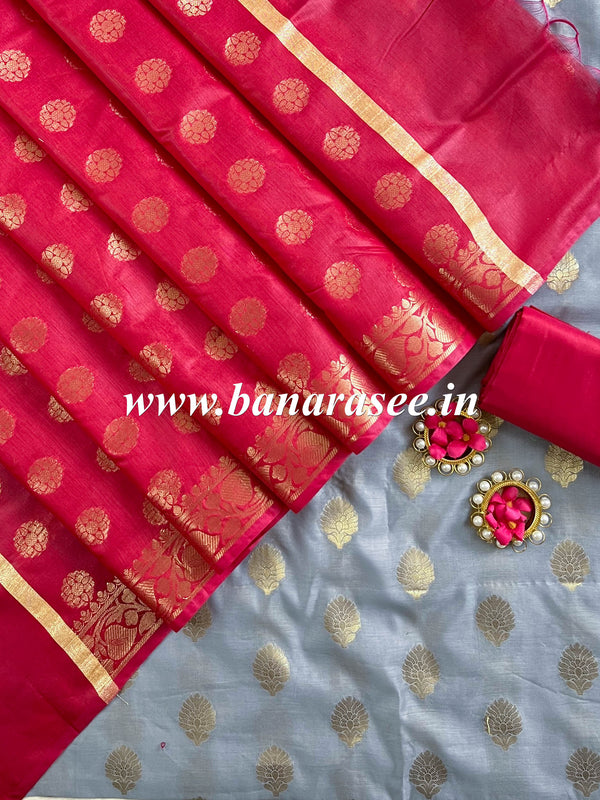 Banarasee Chanderi Cotton Buta Design Salwar Kameez Fabric With Contrast Dupatta-Grey & Pink