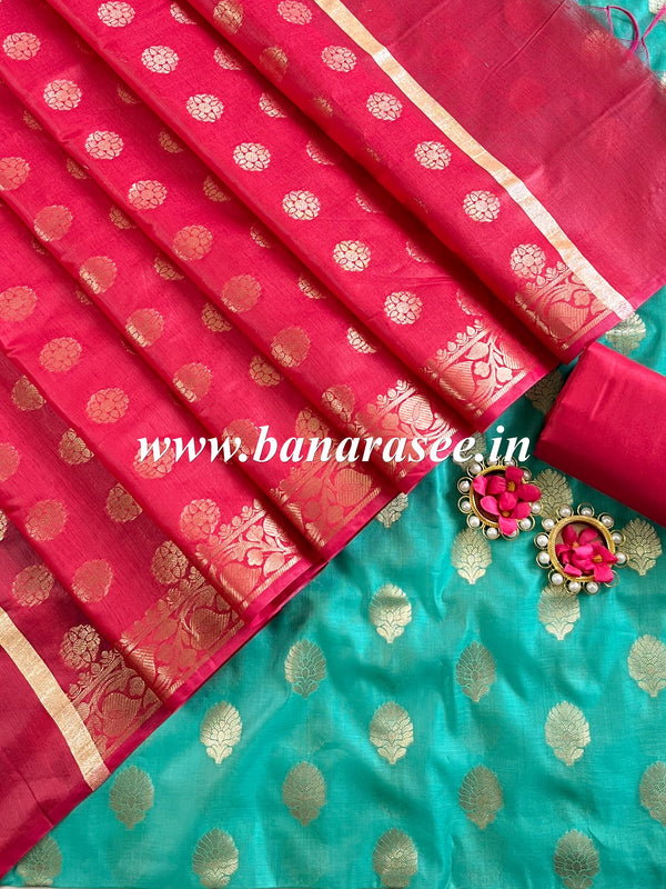 Banarasee Chanderi Cotton Buta Design Salwar Kameez Fabric With Contrast Dupatta-Sea Green & Pink