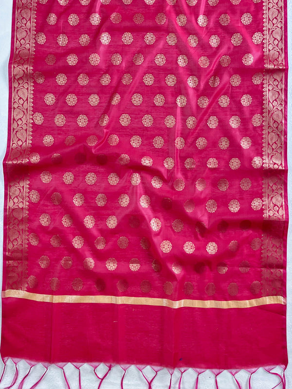 Banarasee Chanderi Cotton Buta Design Salwar Kameez Fabric With Contrast Dupatta-Grey & Pink