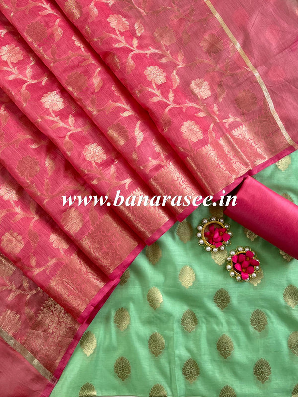 Banarasee Chanderi Cotton Buta Design Salwar Kameez Fabric With Contrast Dupatta-Green & Pink