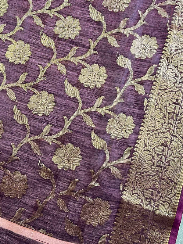 Banarasee Chanderi Cotton Buta Design Salwar Kameez Fabric With Contrast Dupatta-Lavender & Brown