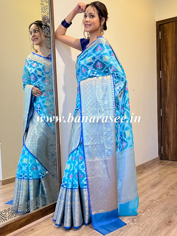 Banarasee Organza Mix Saree With Resham Jaal Design & Floral Border-Light Blue