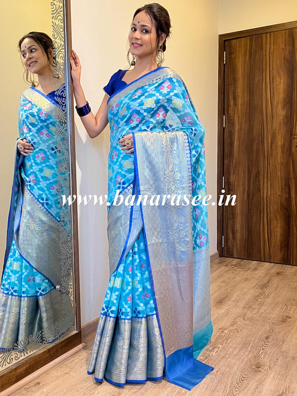 Banarasee Organza Mix Saree With Resham Jaal Design & Floral Border-Light Blue