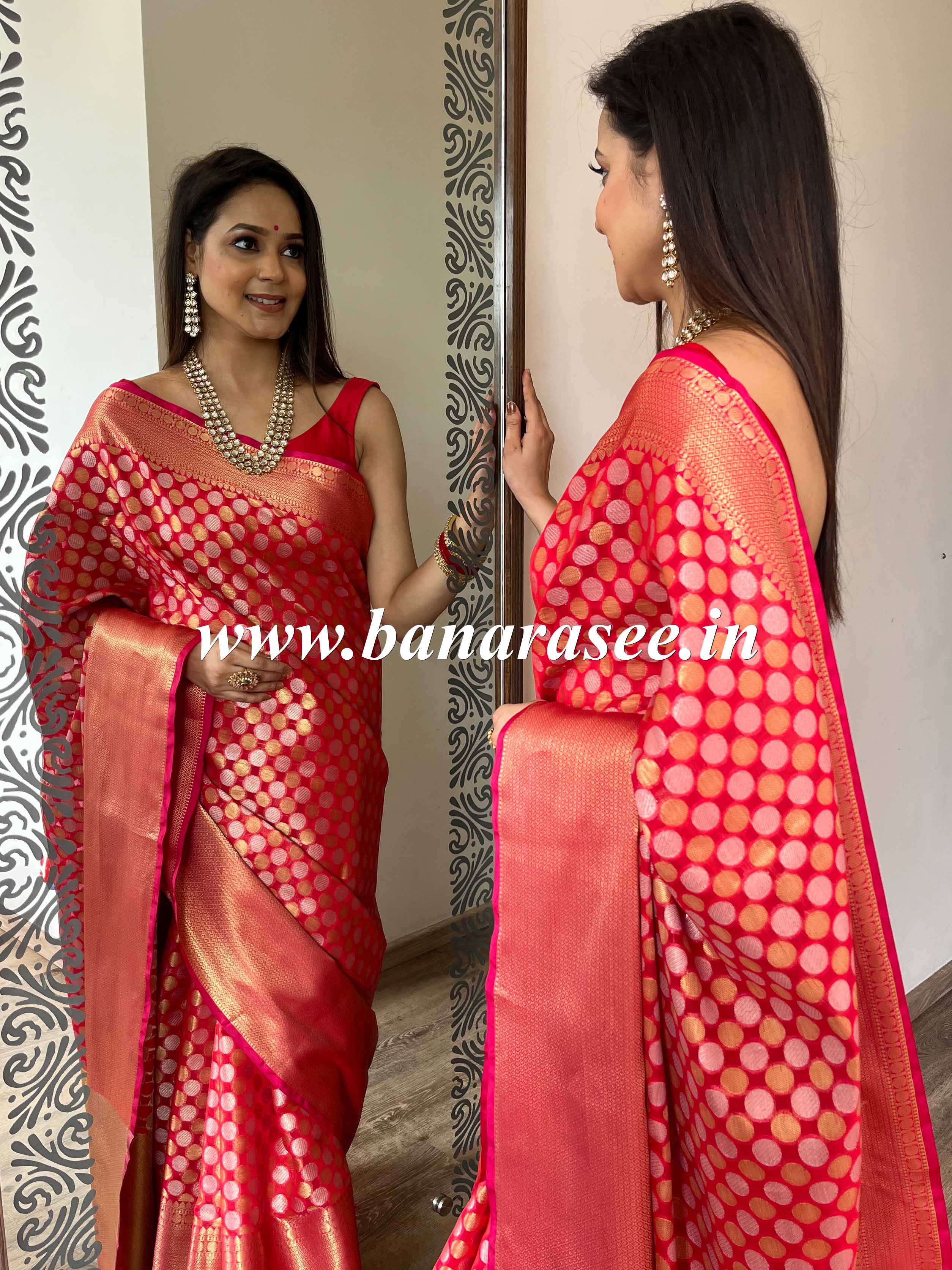 Banarasee Handwoven Semi Silk Saree With Skirt Zari Border & Sona Rupa Zari Buta-Red