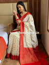 Banarasee Handwoven Semi Silk Saree With Contrast Border-White & Red