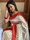 Banarasee Handwoven Semi Silk Saree With Contrast Border-White & Red