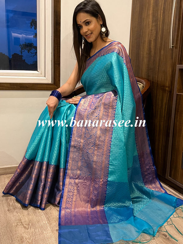 Banarasee Kora Muslin Saree With Contrast Skirt Border-Blue