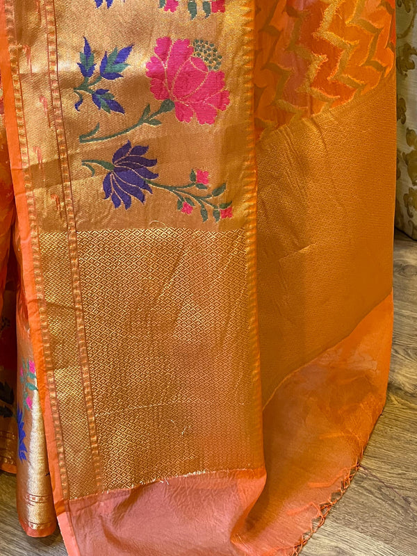 Banarasee Handwoven Semi-Chiffon Saree With Zari Work & Meena Border-Peach