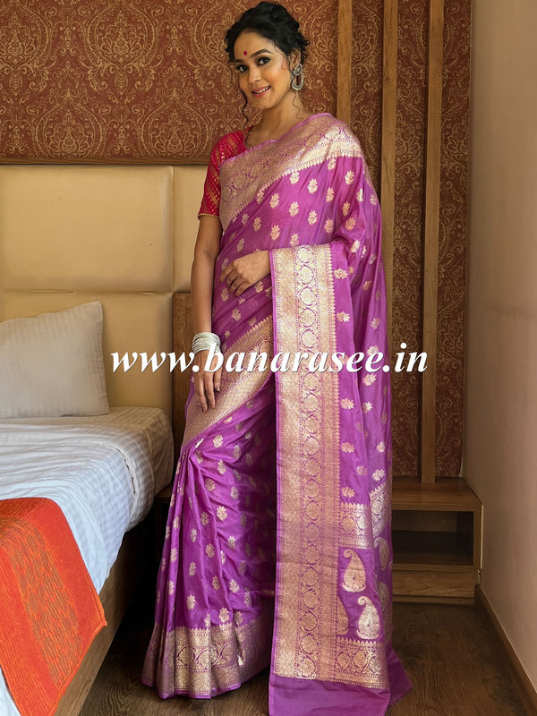 Banarasee Handwoven Faux Georgette Saree With Silver Zari Buti & Border Design-Purple