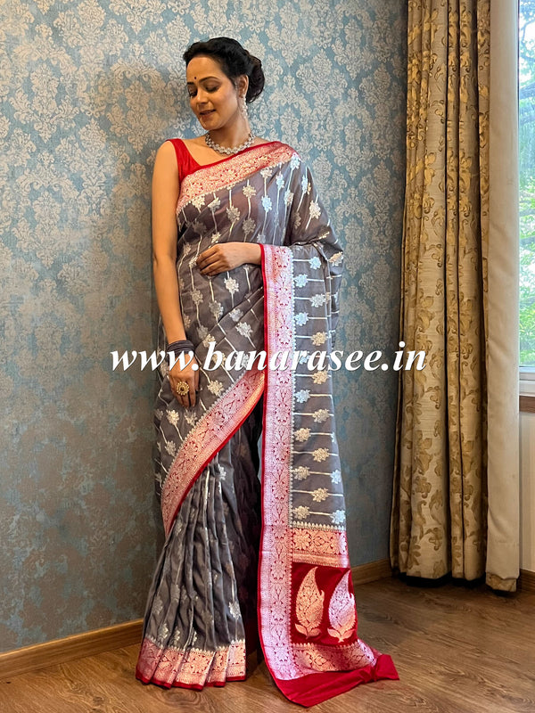 Banarasee Faux Georgette Saree With Silver Zari Jaal Work-Grey & Red