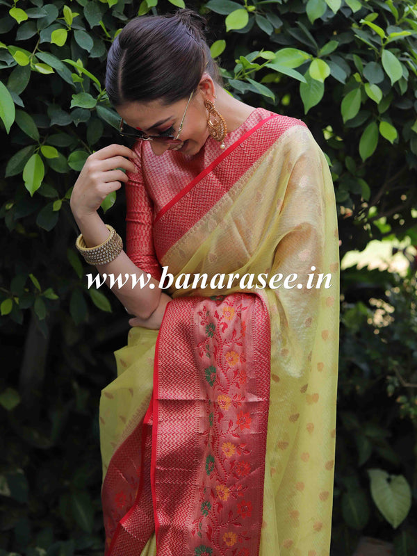 Banarasee Handwoven Contrast Border Soft Tissue Saree-Yellow & Red