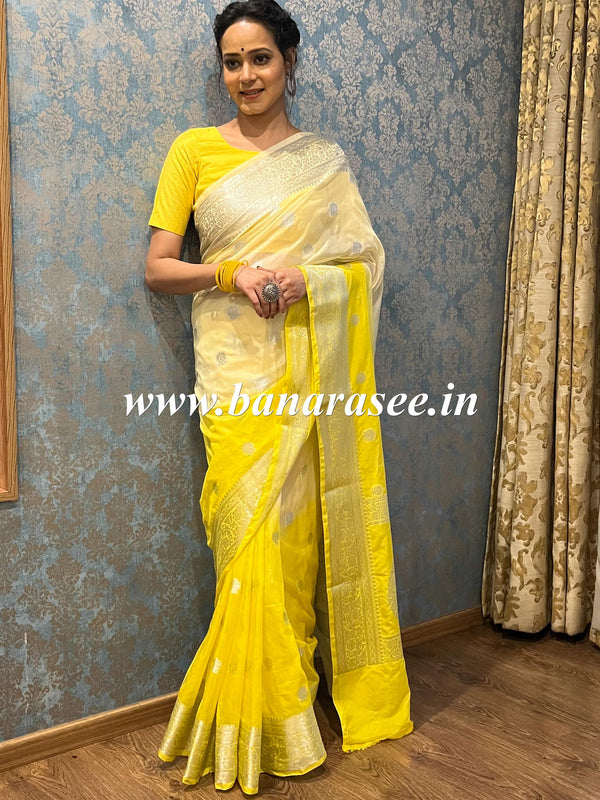Banarasee Handwoven Semi-Chiffon Saree With Silver Zari Buti Design -White & Yellow