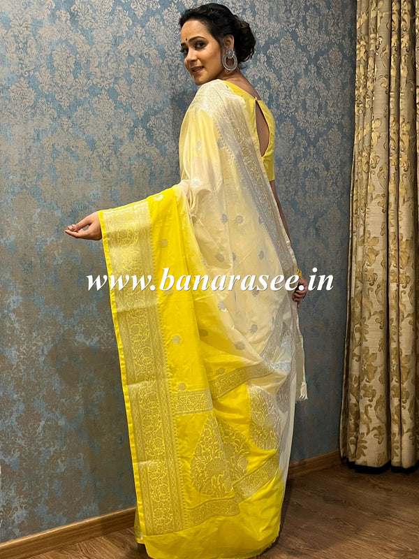 Banarasee Handwoven Semi-Chiffon Saree With Silver Zari Buti Design -White & Yellow