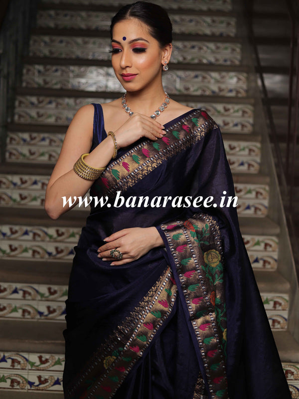 Banarasee Handwoven Semi Silk Plain Saree With Broad Zari & Meena Border-Navy Blue