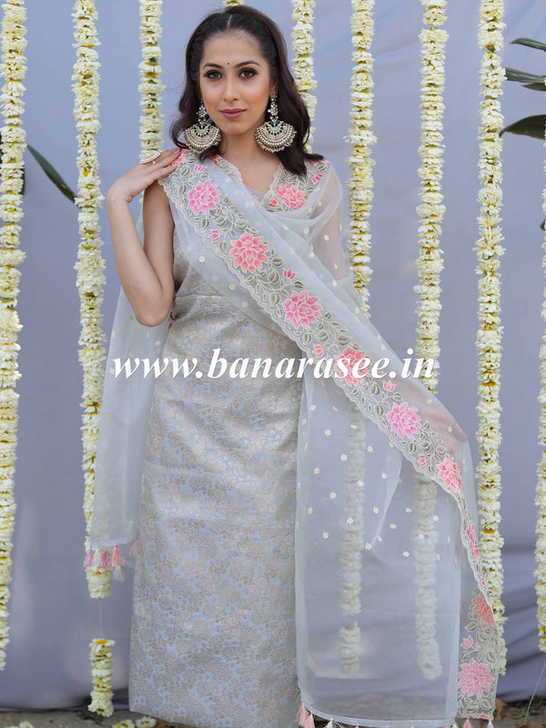 Banarasee Brocade Salwar Kameez Fabric With Embroidered Organza Dupatta-Grey