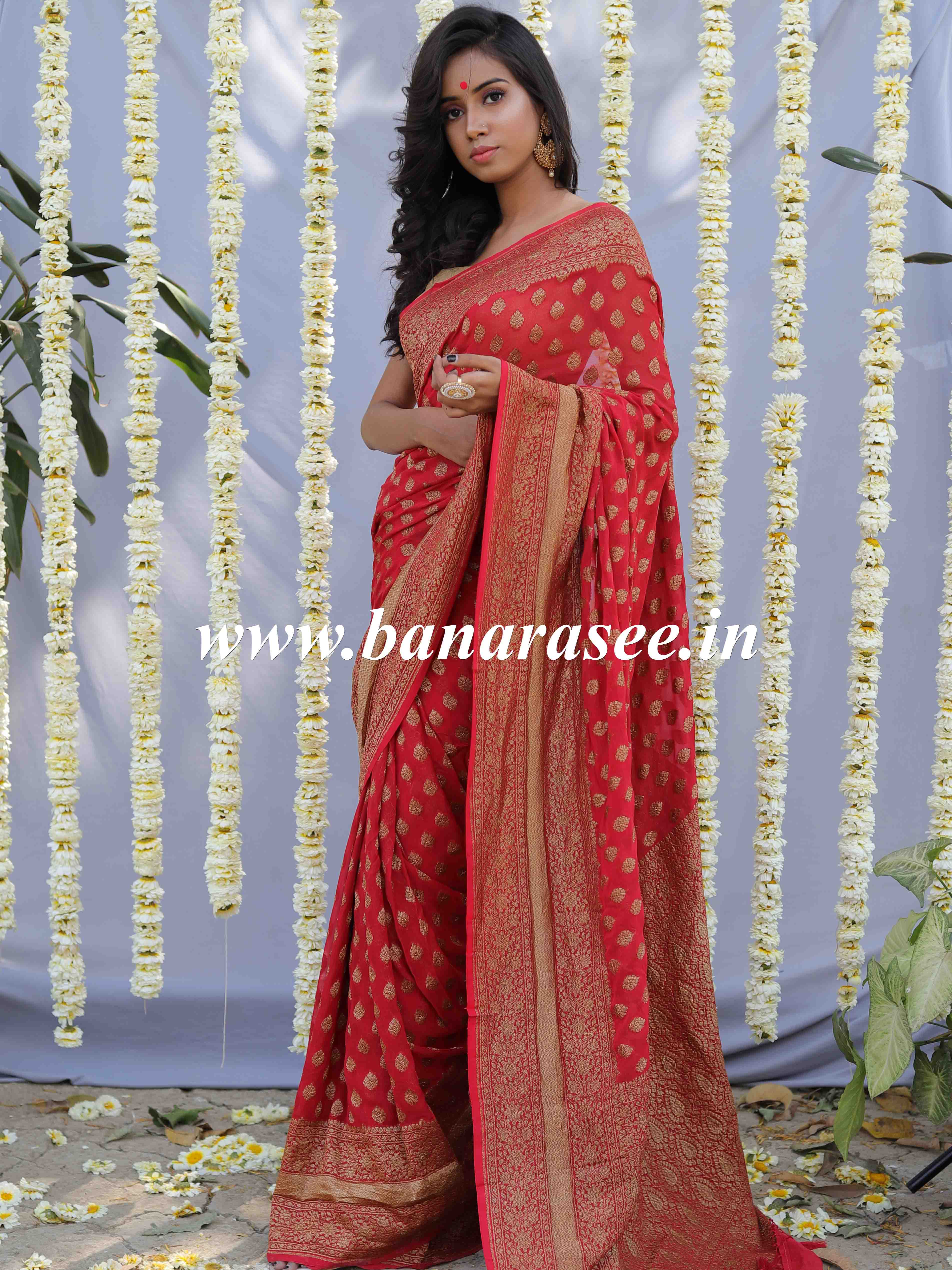 Banarasee Pure Khaddi Chiffon Silk Sari With Antique Zari Buta Design & Contrast Border-Crimson Red