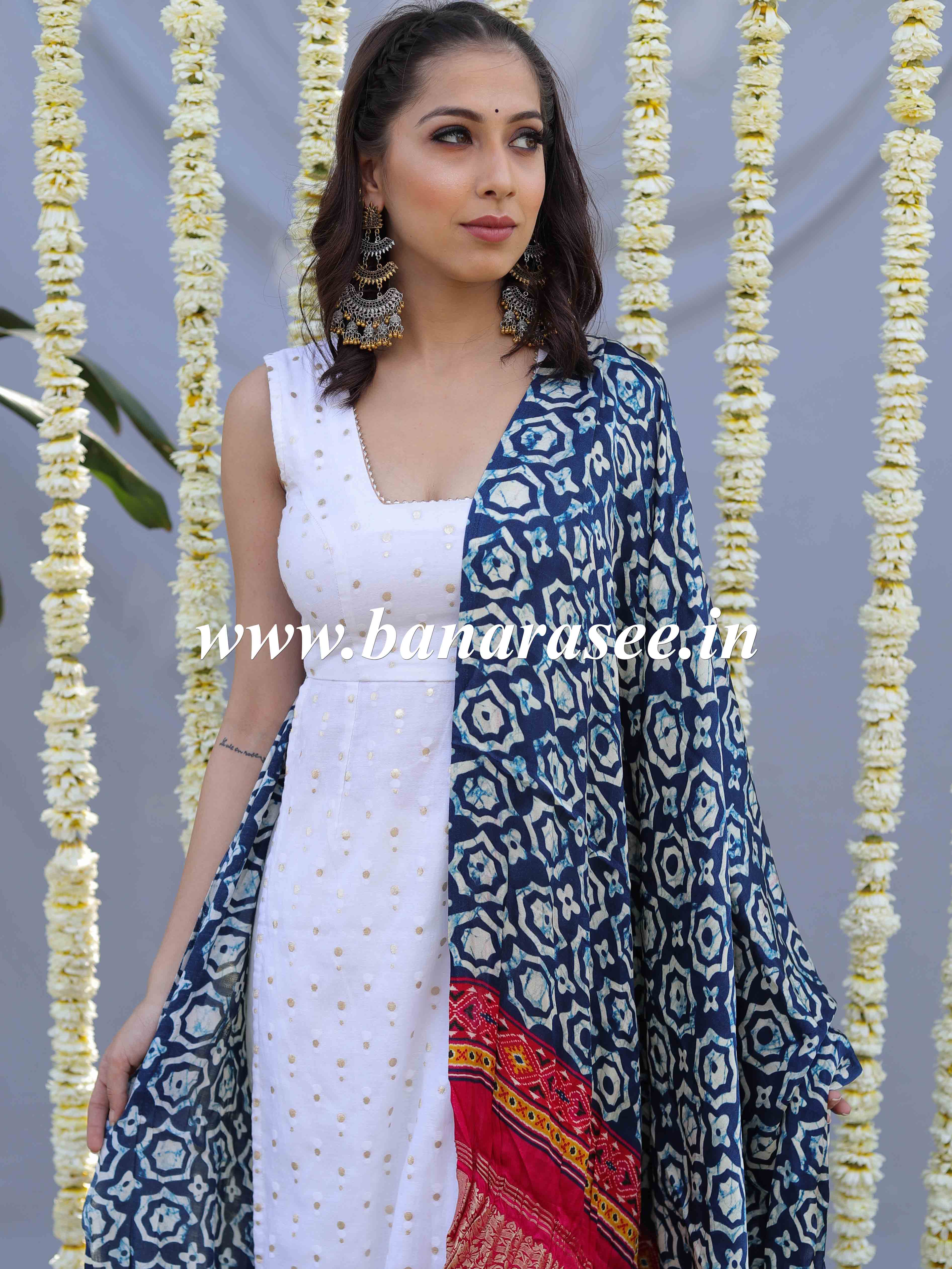 Banarasee Pure Gajji Silk Block Print Dupatta-Blue