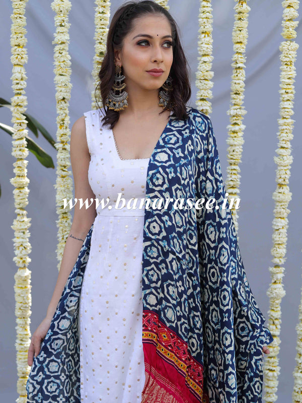 Banarasee Pure Gajji Silk Block Print Dupatta-Blue