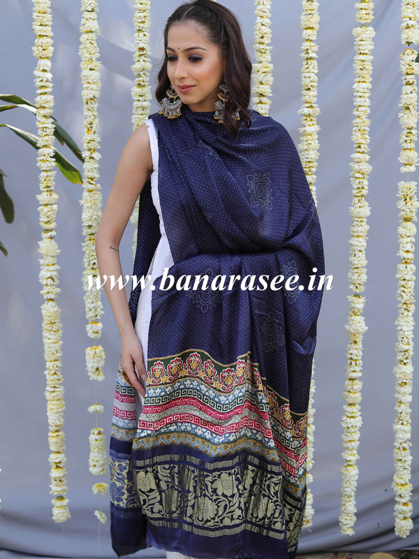 Banarasee Pure Gajji Silk Bandhani Print Dupatta-Indigo