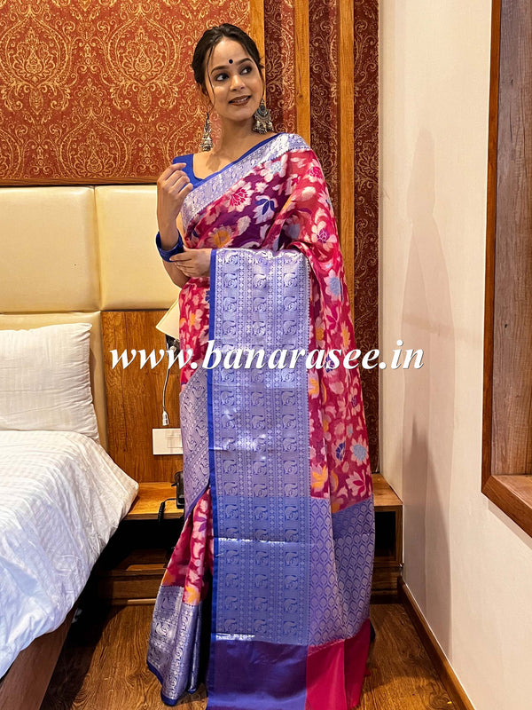 Banarasee Organza Mix Saree With Resham Jaal Design & Floral Border-Pink & Blue