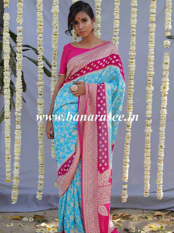 Banarasee Pure Khaddi Chiffon Silk Sari With Buta Design & Contrast Border & Koniya Pallu-Powder Blue & Pink