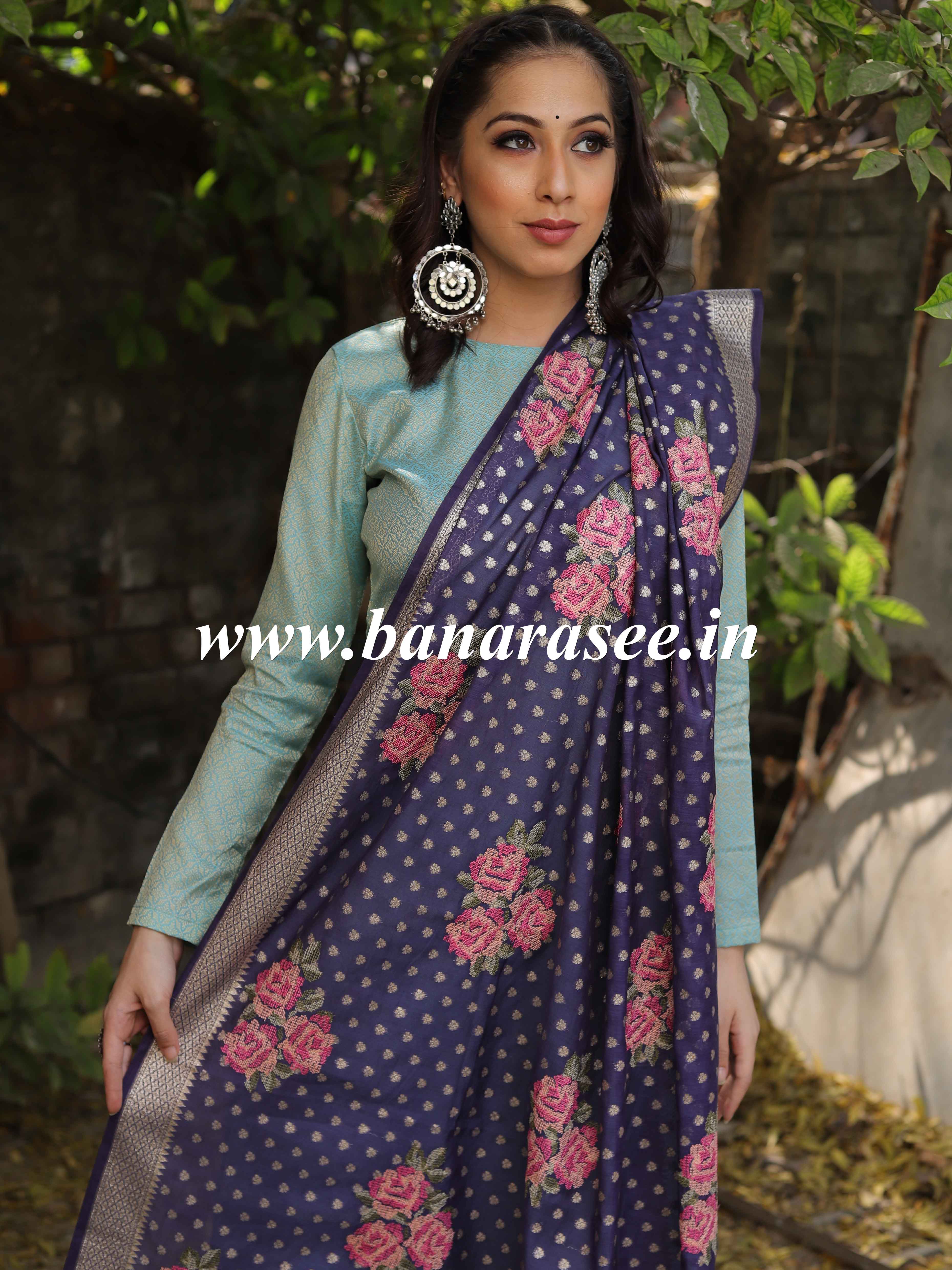 Banarasee Floral Embroidered Chanderi Cotton Lurex Zari Dupatta-Blue