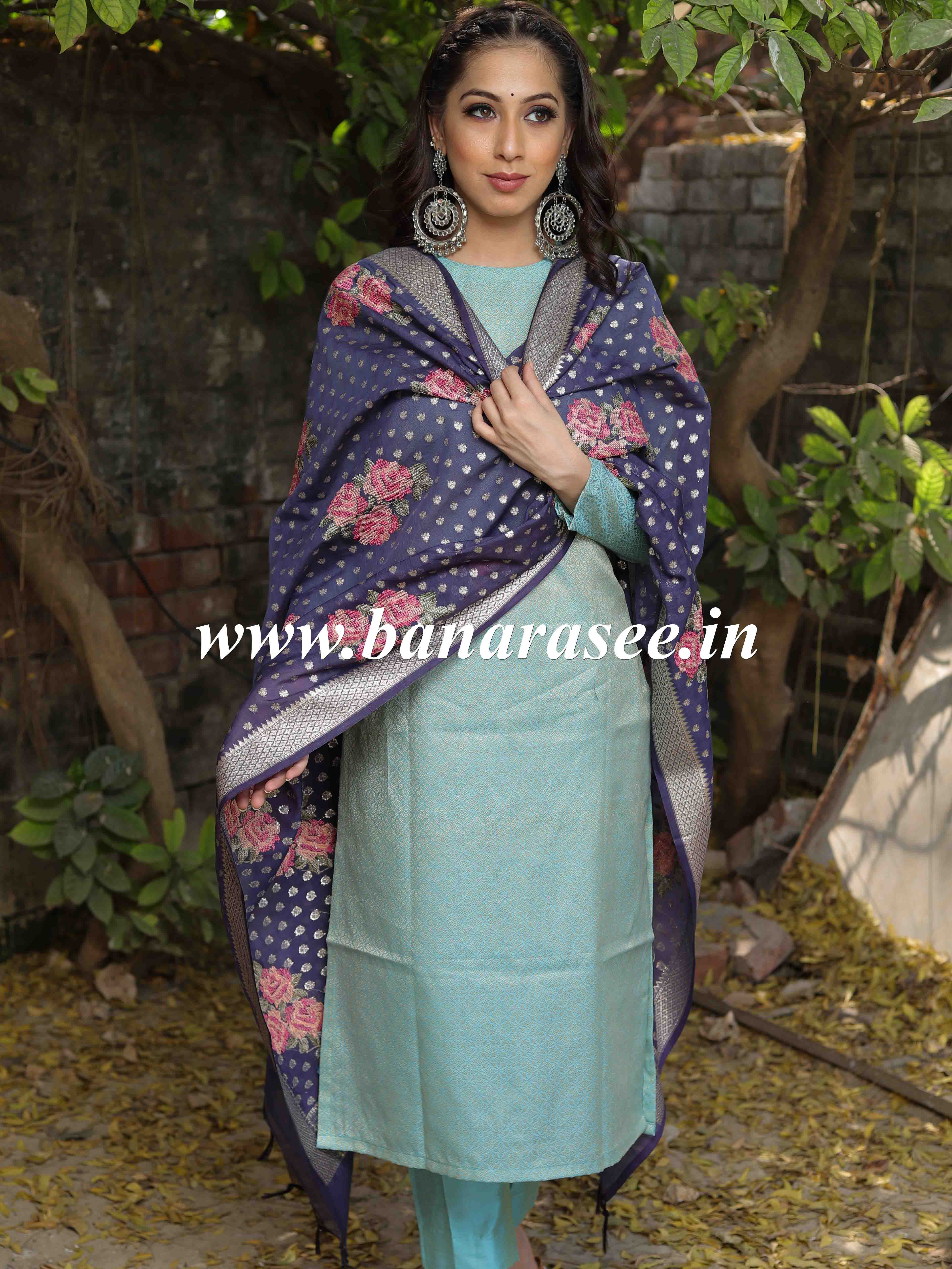 Banarasee Floral Embroidered Chanderi Cotton Lurex Zari Dupatta-Blue