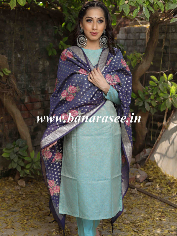 Banarasee Floral Embroidered Chanderi Cotton Lurex Zari Dupatta-Blue
