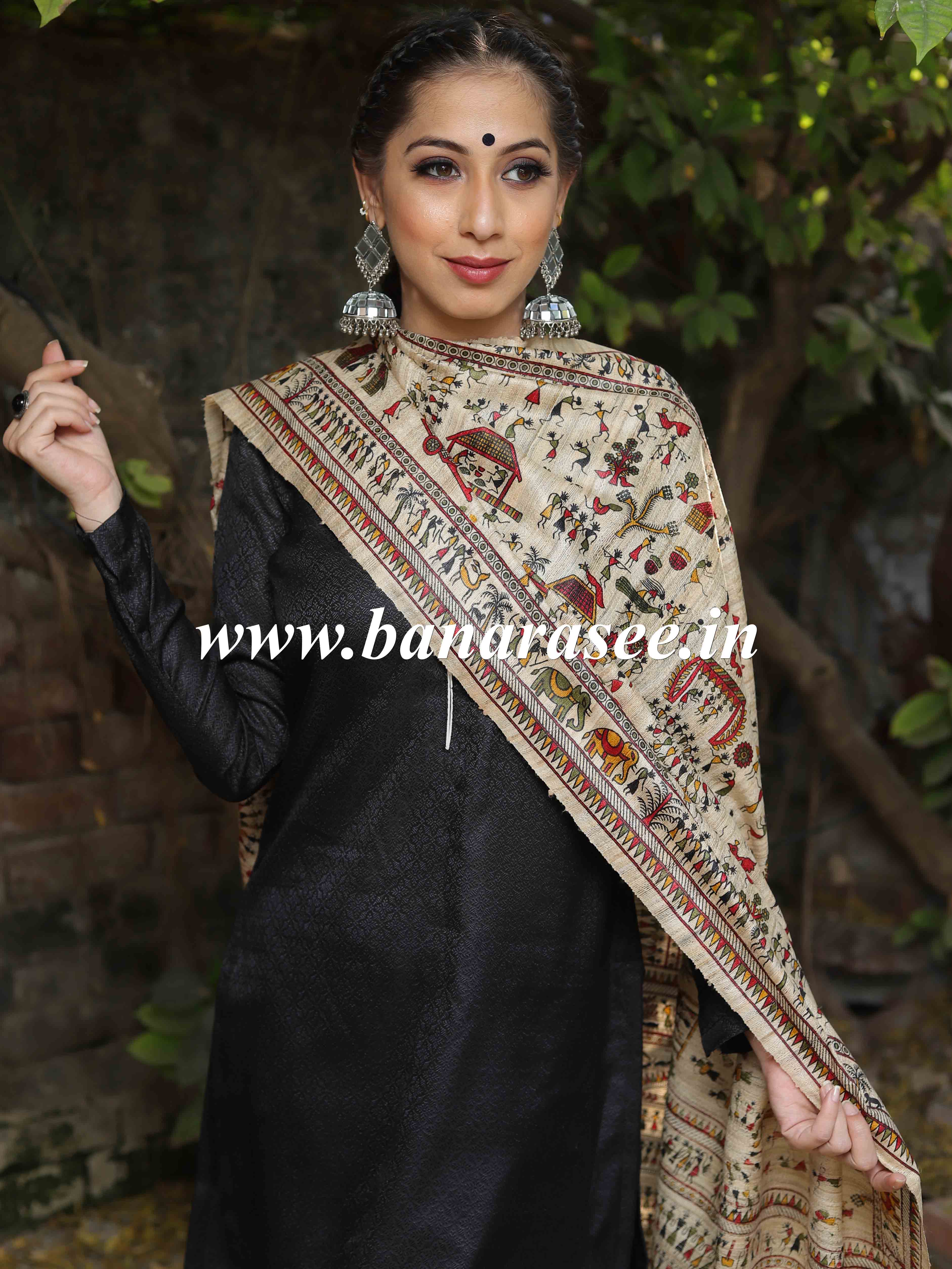 Banarasee Pure Desi Tussar Silk Block Print Dupatta-Beige