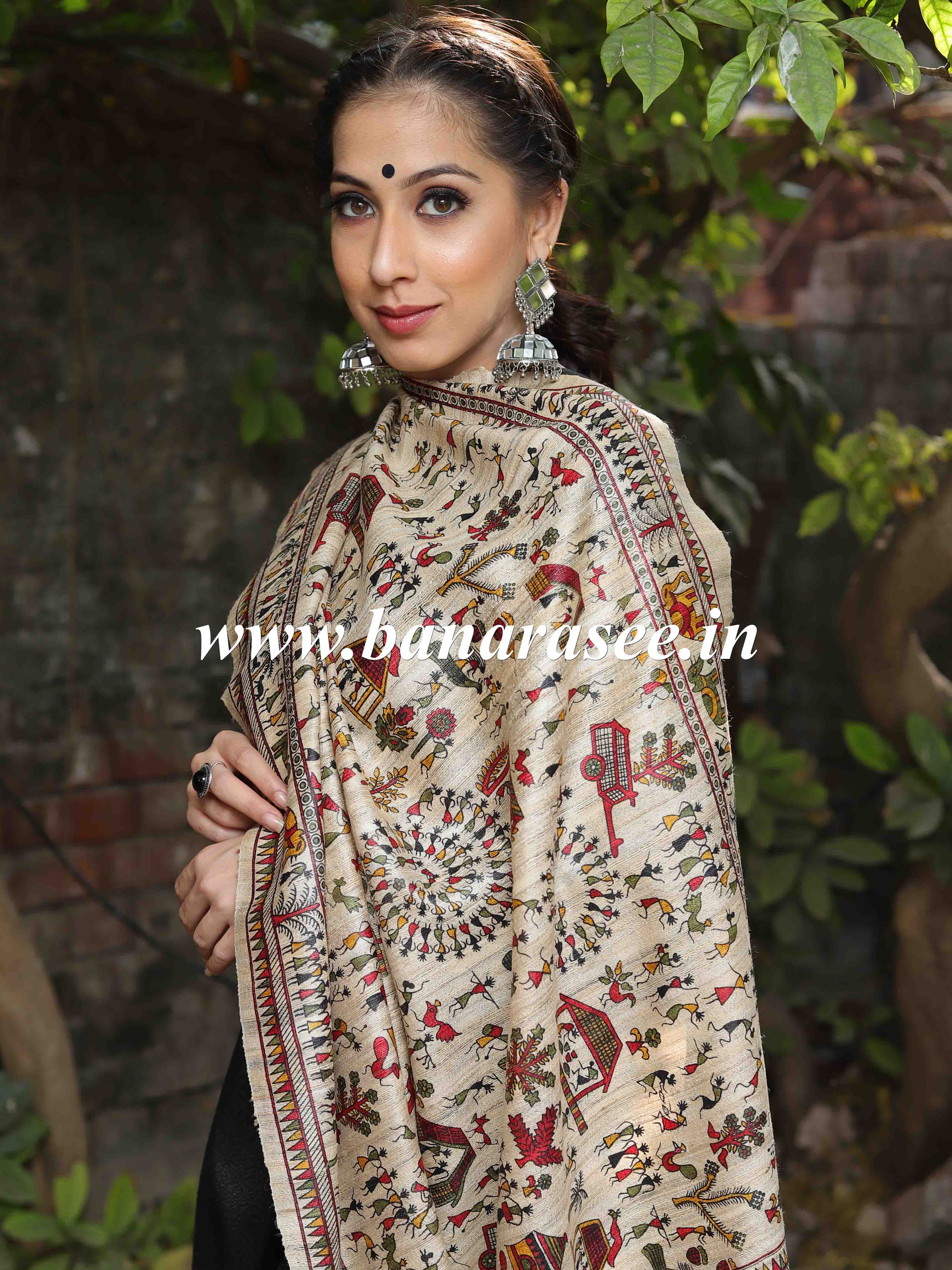 Banarasee Pure Desi Tussar Silk Block Print Dupatta-Beige