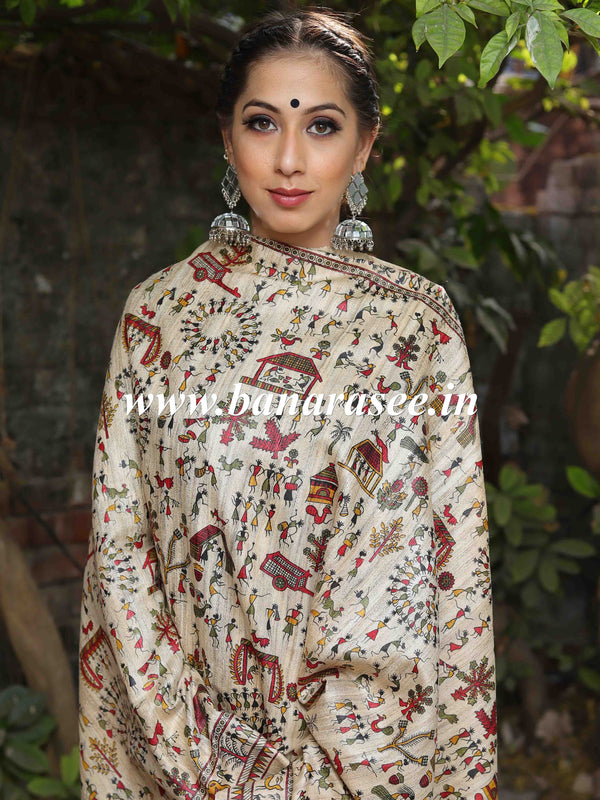 Banarasee Pure Desi Tussar Silk Block Print Dupatta-Beige