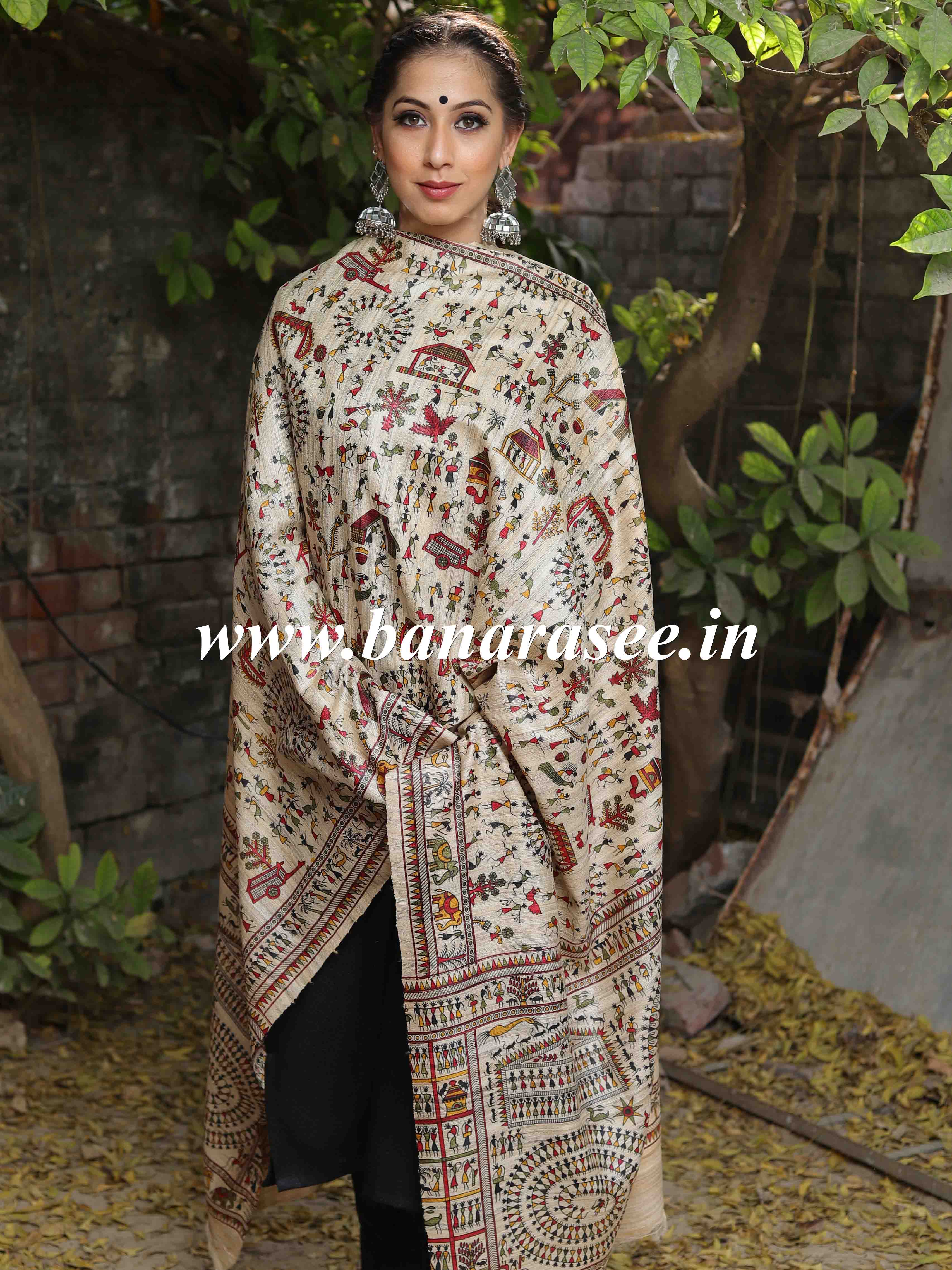 Banarasee Pure Desi Tussar Silk Block Print Dupatta-Beige