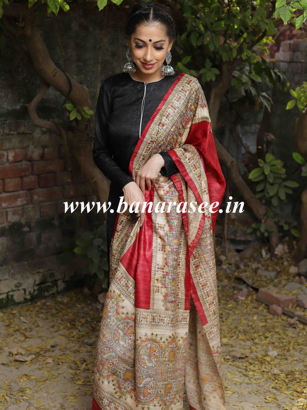 Banarasee Pure Desi Tussar Silk Block Print Dupatta-Beige & Red