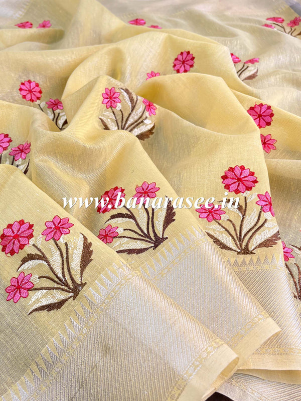 Banarasee Linen Cotton Saree With Embroidered Buta & Silver Zari Border-Yellow