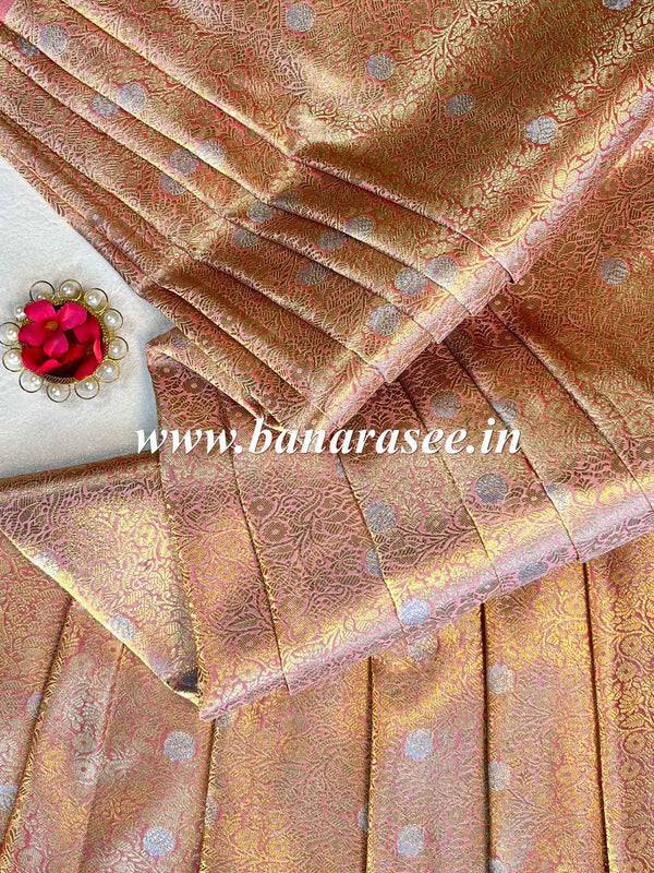 Banarasee Satin Brocade Gold Zari Jaal Design Fabric-Peach