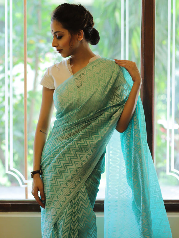 Banarasee Cotton Jamdani Saree With Resham Zig-Zag Design-Green