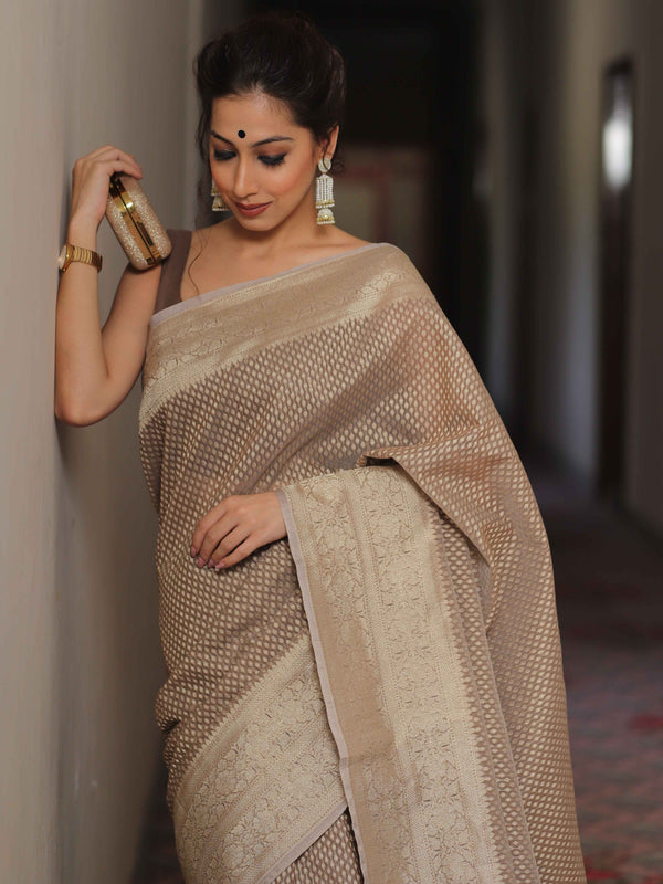 Banarasee Organza Silk Saree With Zari Motifs & Border-Fawn