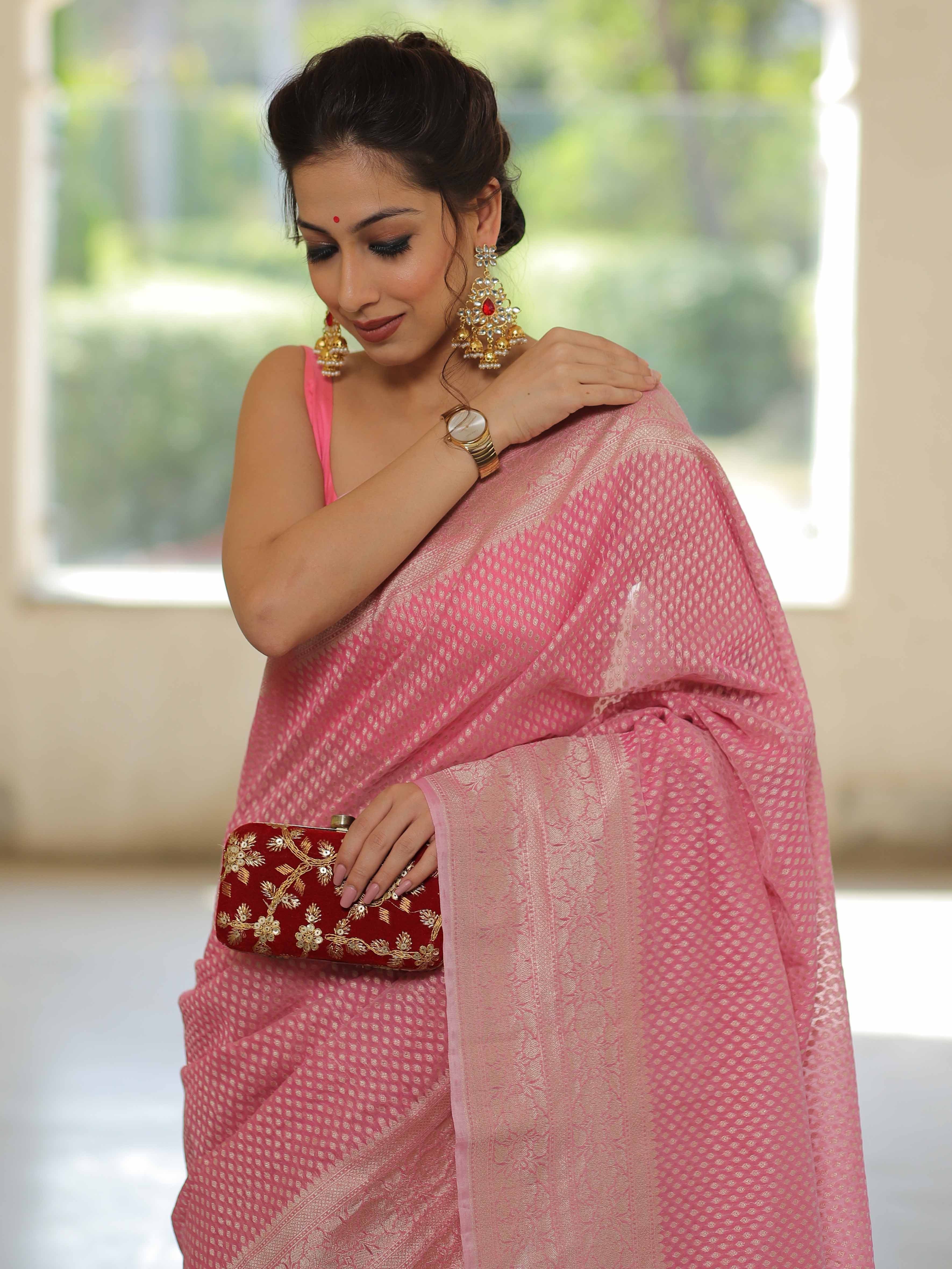 Banarasee Organza Silk Saree With Zari Motifs & Border-Pink