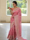 Banarasee Organza Silk Saree With Zari Motifs & Border-Pink