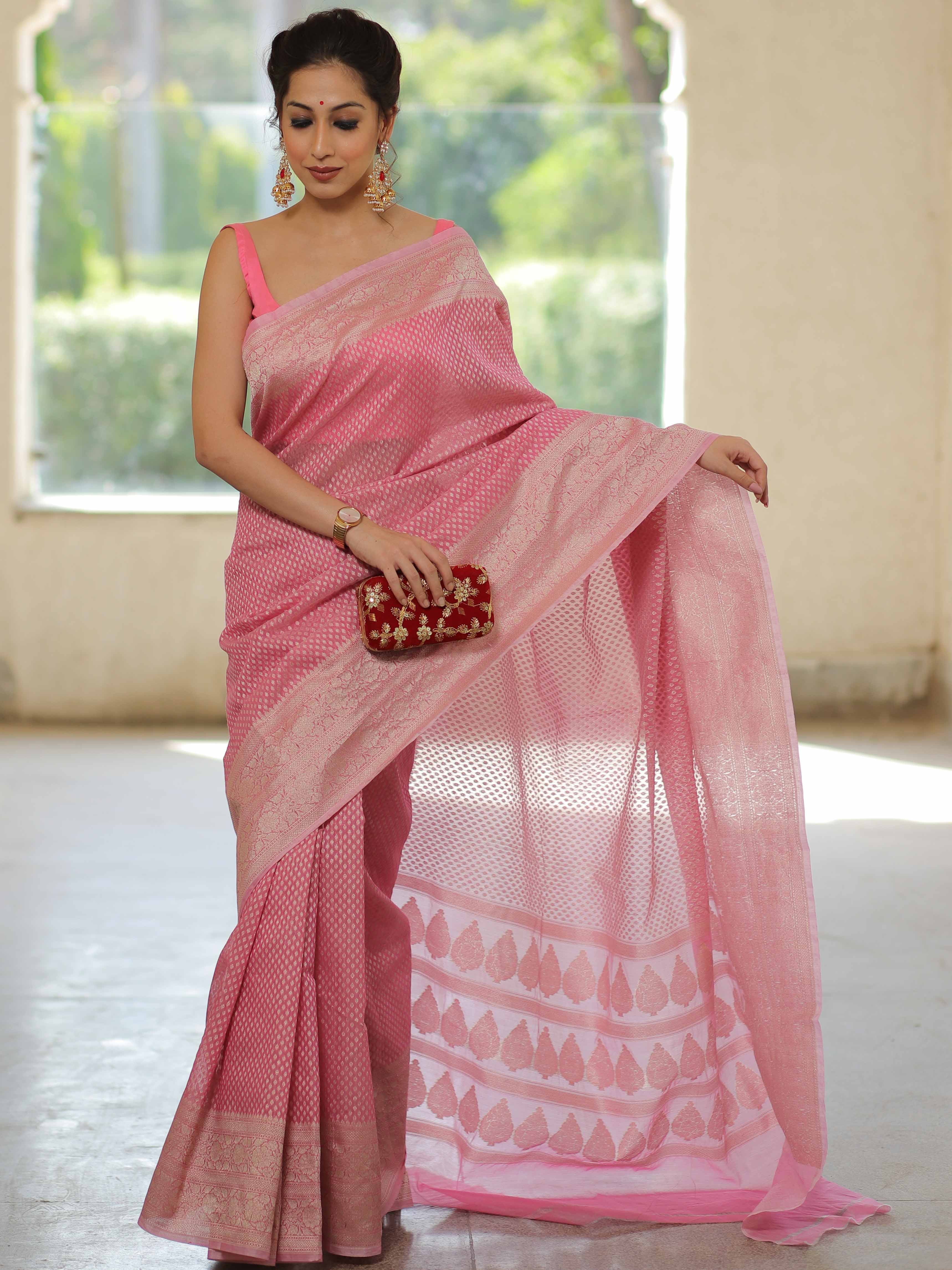 Banarasee Organza Silk Saree With Zari Motifs & Border-Pink